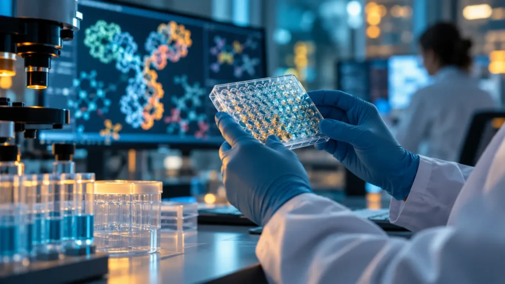 Científica revisando una microplaca junto a datos de proteínas para ilustrar el uso de Claude en desarrollo de fármacos