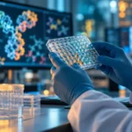 Científica revisando una microplaca junto a datos de proteínas para ilustrar el uso de Claude en desarrollo de fármacos