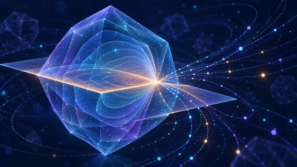 Cuerpo convexo multidimensional atravesado por un plano luminoso que representa la conjetura KLS y la búsqueda matemática asistida por IA