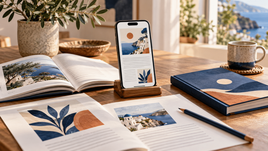 Móvil con un ebook ilustrado junto a páginas en revisión y un libro sobre un escritorio.