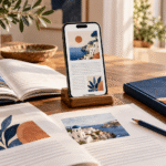 Móvil con un ebook ilustrado junto a páginas en revisión y un libro sobre un escritorio.