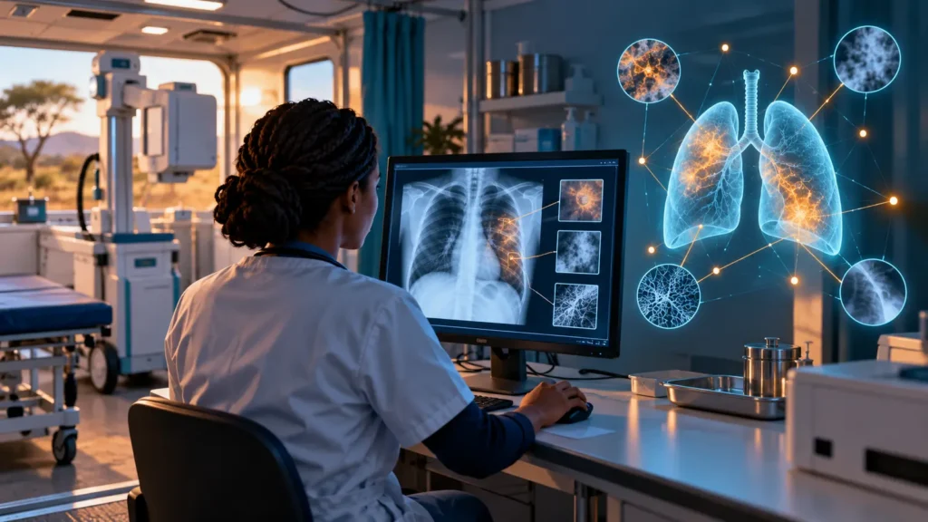 Profesional sanitaria revisando una radiografía de tórax con apoyo de modelos fundacionales para el cribado de tuberculosis