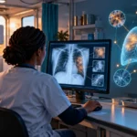 Profesional sanitaria revisando una radiografía de tórax con apoyo de modelos fundacionales para el cribado de tuberculosis