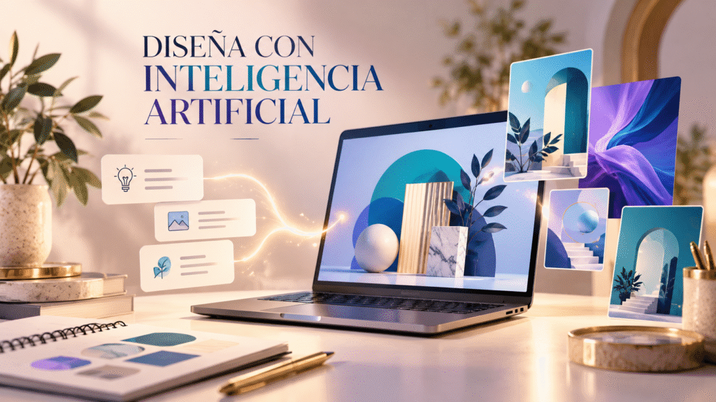 Ilustración conceptual de un portátil con diseños y tarjetas creativas para un curso de Canva e inteligencia artificial.