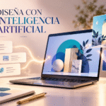 Ilustración conceptual de un portátil con diseños y tarjetas creativas para un curso de Canva e inteligencia artificial.