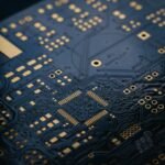 Placa electrónica con pistas doradas, imagen ilustrativa del diseño de circuitos; no es un procesador cuántico del estudio