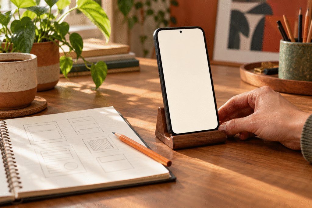 Ilustración original de un móvil sin interfaz visible sobre un soporte de madera, junto a bocetos sin texto; escena ficticia de diseño de una app personal, no captura de AI Studio