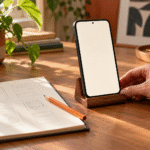 Ilustración original de un móvil sin interfaz visible sobre un soporte de madera, junto a bocetos sin texto; escena ficticia de diseño de una app personal, no captura de AI Studio