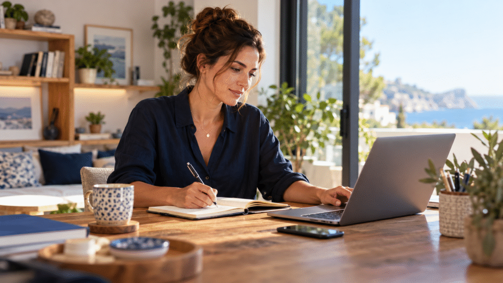 Escena ilustrativa de una emprendedora planificando un negocio digital con un cuaderno y un portátil