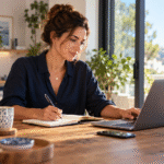 Escena ilustrativa de una emprendedora planificando un negocio digital con un cuaderno y un portátil