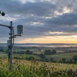 Ilustración original de una estación meteorológica con anemómetro en un campo bajo nubes al amanecer; paisaje ficticio, no observación ni pronóstico de PBC
