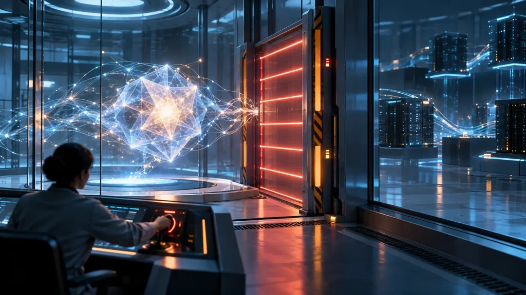 Investigadora supervisa un agente de inteligencia artificial aislado tras una barrera de seguridad durante una prueba de ciberseguridad