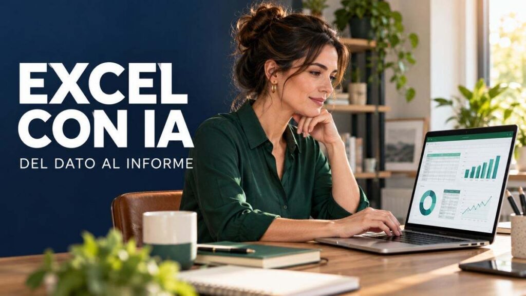 Ilustración editorial de una profesional ante una hoja de cálculo con gráficos y el texto «Excel con IA: del dato al informe».