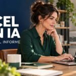Ilustración editorial de una profesional ante una hoja de cálculo con gráficos y el texto «Excel con IA: del dato al informe».