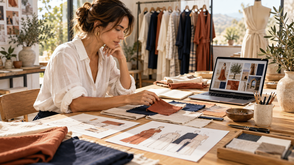 Ilustración editorial de una emprendedora de moda revisando tejidos, bocetos y un panel de inspiración digital en su taller.