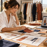 Ilustración editorial de una emprendedora de moda revisando tejidos, bocetos y un panel de inspiración digital en su taller.