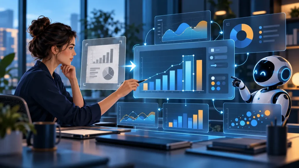 Analista revisa gráficos de datos creados por un agente de inteligencia artificial con Flint Interactive