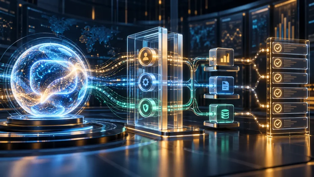 Núcleo de inteligencia artificial conectado a flujos empresariales mediante controles de permisos y auditoría