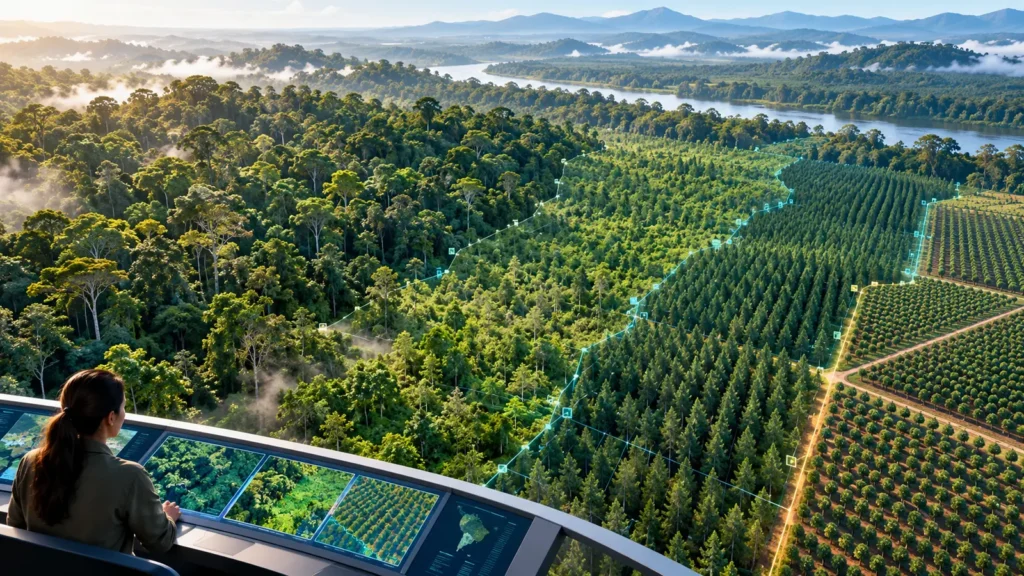 Analista compara bosque natural, regeneración, plantación y cultivos en un mapa forestal asistido por inteligencia artificial