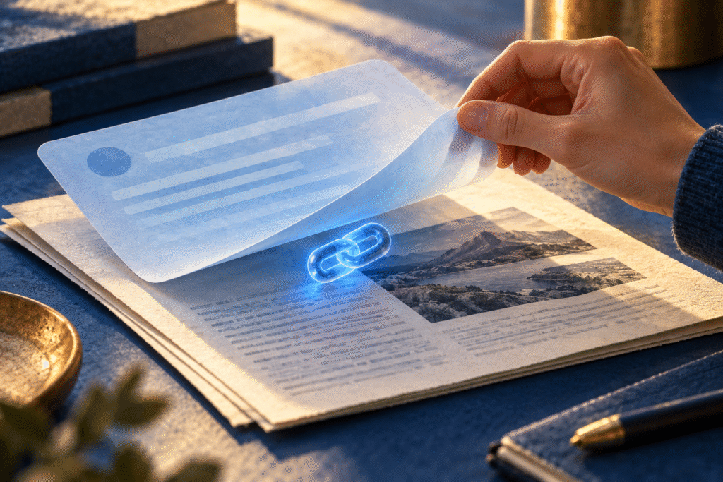 Ilustración original de una mano que levanta una tarjeta azul translúcida para descubrir un artículo, junto a un eslabón luminoso; metáfora de consultar la fuente, no interfaz de Google
