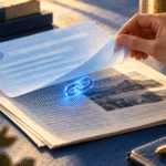 Ilustración original de una mano que levanta una tarjeta azul translúcida para descubrir un artículo, junto a un eslabón luminoso; metáfora de consultar la fuente, no interfaz de Google