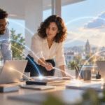 Equipo profesional coordinando flujos de trabajo con un agente de inteligencia artificial en la nube