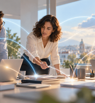 Equipo profesional coordinando flujos de trabajo con un agente de inteligencia artificial en la nube