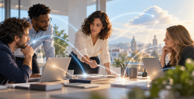 Equipo profesional coordinando flujos de trabajo con un agente de inteligencia artificial en la nube