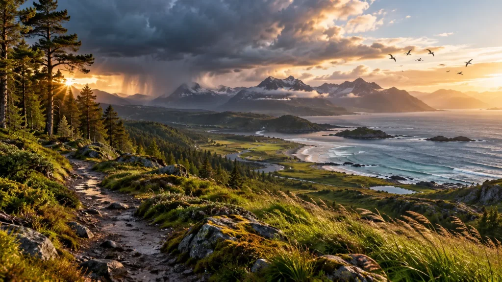 Paisaje costero y montañoso que cambia entre tormenta y luz para representar un mundo interactivo generado por Genie 4