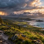 Paisaje costero y montañoso que cambia entre tormenta y luz para representar un mundo interactivo generado por Genie 4