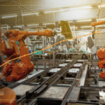 Composición editorial exclusiva de un brazo robótico industrial con trayectoria de movimientos ilustrativa en color ámbar, para explicar cómo entrenan los robots con inteligencia artificial. Foto original de Simon Kadula, Unsplash.