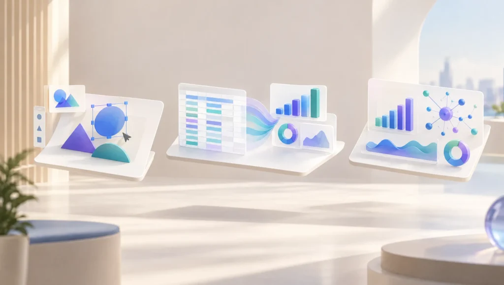 Ilustración editorial abstracta sobre edición visual con IA, datos y paneles interactivos en un entorno de productividad