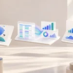 Ilustración editorial abstracta sobre edición visual con IA, datos y paneles interactivos en un entorno de productividad