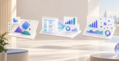 Ilustración editorial abstracta sobre edición visual con IA, datos y paneles interactivos en un entorno de productividad