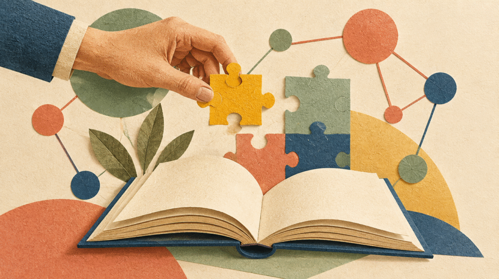 Ilustración de un libro abierto y una mano que conecta piezas de aprendizaje y una red de ideas