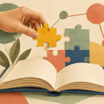 Ilustración de un libro abierto y una mano que conecta piezas de aprendizaje y una red de ideas