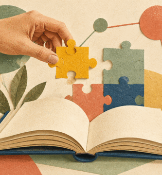 Ilustración de un libro abierto y una mano que conecta piezas de aprendizaje y una red de ideas