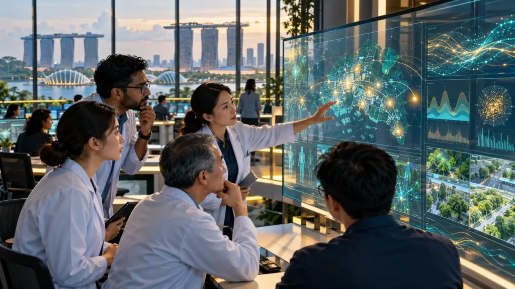 Equipo sanitario supervisando un sistema de inteligencia artificial para investigación, prevención y apoyo clínico en Singapur
