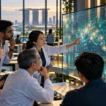 Equipo sanitario supervisando un sistema de inteligencia artificial para investigación, prevención y apoyo clínico en Singapur