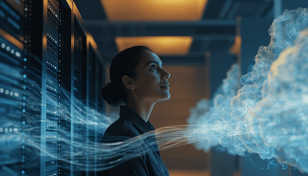 Ingeniera de datos entre servidores y una nube segura que representa la infraestructura híbrida para inteligencia artificial