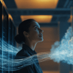 Ingeniera de datos entre servidores y una nube segura que representa la infraestructura híbrida para inteligencia artificial