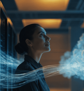 Ingeniera de datos entre servidores y una nube segura que representa la infraestructura híbrida para inteligencia artificial