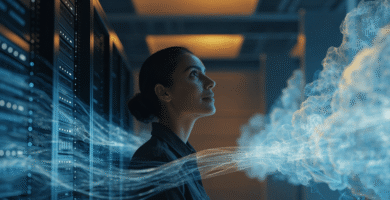 Ingeniera de datos entre servidores y una nube segura que representa la infraestructura híbrida para inteligencia artificial