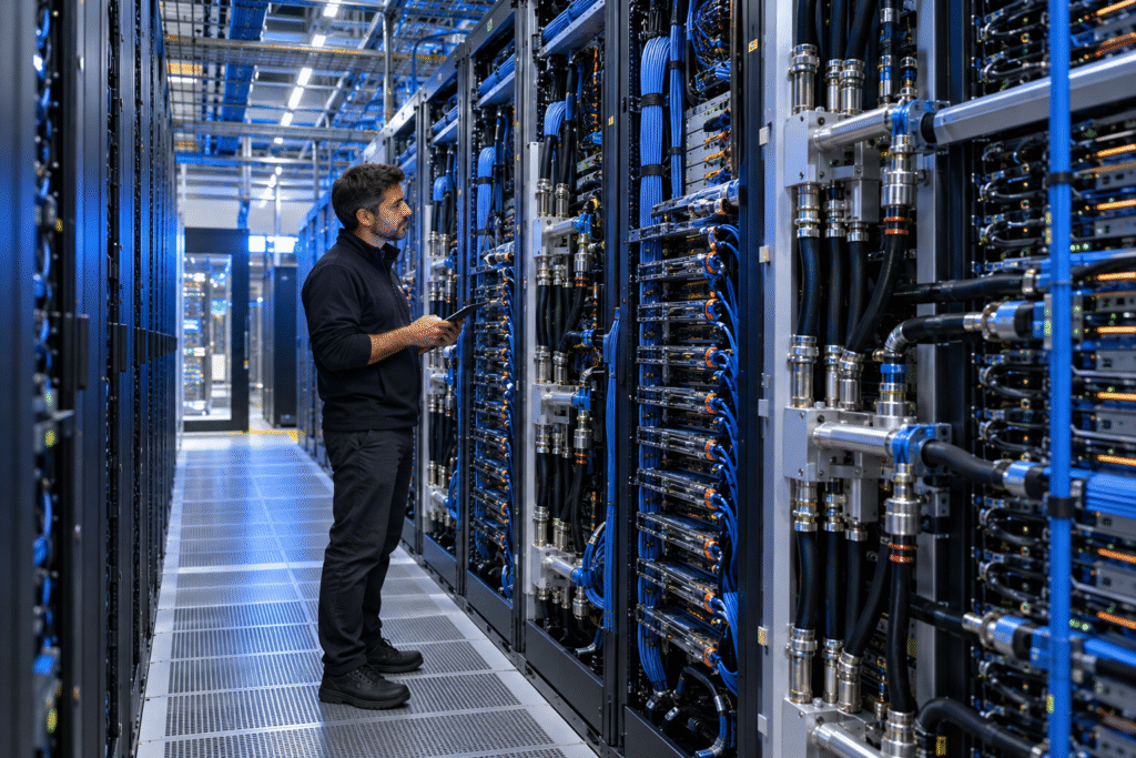 Ingeniero inspeccionando infraestructura de inteligencia artificial en un centro de datos de alta densidad