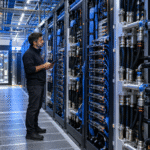 Ingeniero inspeccionando infraestructura de inteligencia artificial en un centro de datos de alta densidad