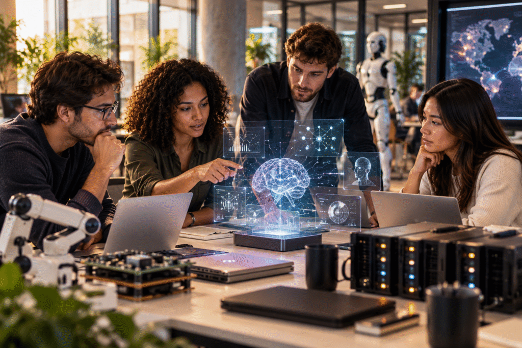Equipo de ingenieros colaborando en el despliegue de sistemas de inteligencia artificial empresarial