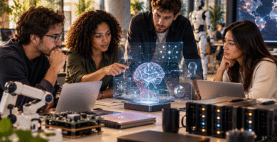 Equipo de ingenieros colaborando en el despliegue de sistemas de inteligencia artificial empresarial