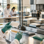 Manos con guantes trabajando junto a equipos robotizados en un laboratorio biomédico