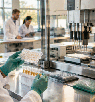 Manos con guantes trabajando junto a equipos robotizados en un laboratorio biomédico