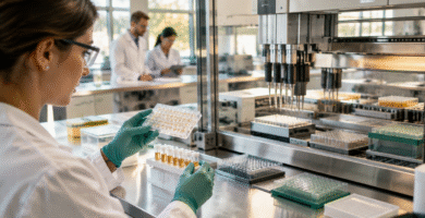 Manos con guantes trabajando junto a equipos robotizados en un laboratorio biomédico